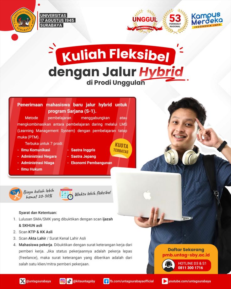 Untag Surabaya membuka jalur pendaftaran untuk kelas hybrid yang pelaksanaan kuliahnya merupakan kombinasi online  dan offline