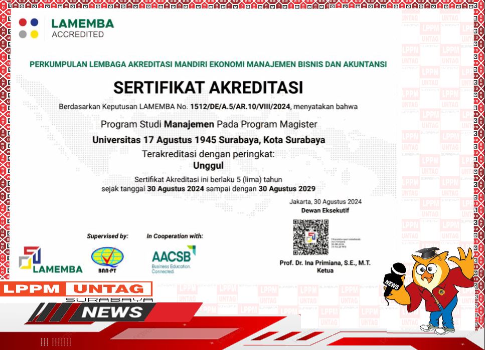 SELAMAT & SUKSES atas diperolehnya Peringkat Akreditasi UNGGUL Prodi Magister Manajemen Untag Surabaya hingga 30 Agustus 2029