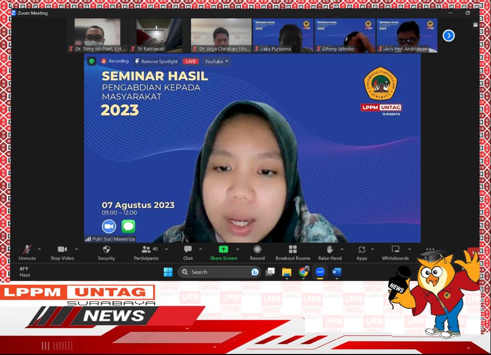 Putri Suci Mawariza menjadi MC dalam Kegiatan  Seminar dan Call For Paper Hasil Pengabdian Kepada Masyarakat Tahun 2023