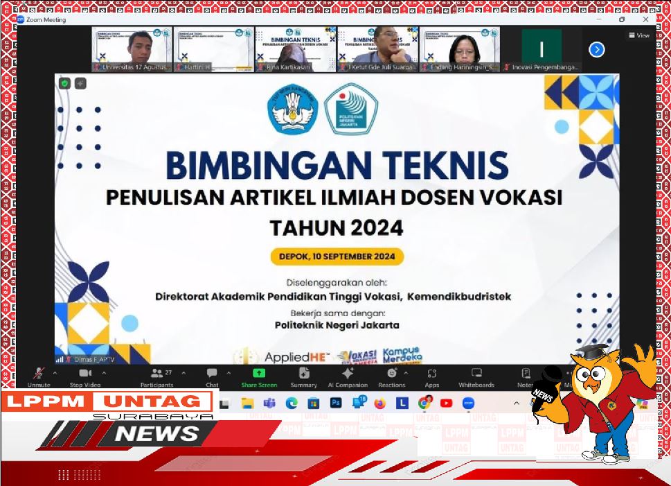Dosen FV Untag Surabaya mendapatkan hibah Bimbingan Teknis Penulisan Artikel Ilmiah Dosen Vokasi