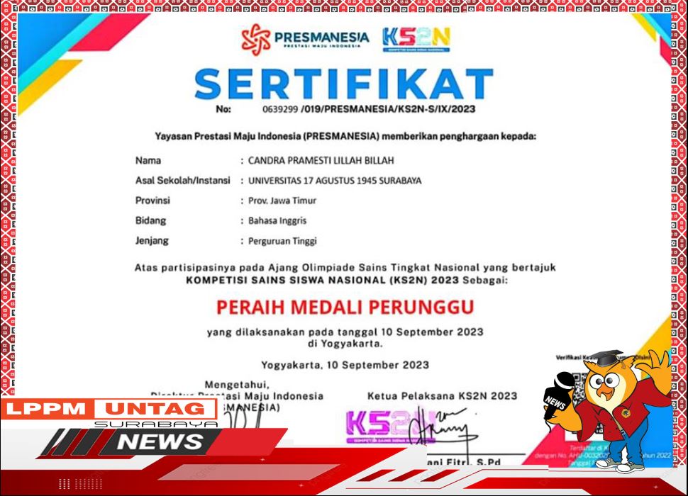 Mahasiswa Universitas 17 Agustus 1945 Surabaya kembali memperoleh prestasi AKADEMIK hasil dari  Olimpiade Sains Nasional yang Bertajuk Kompetisi Sains