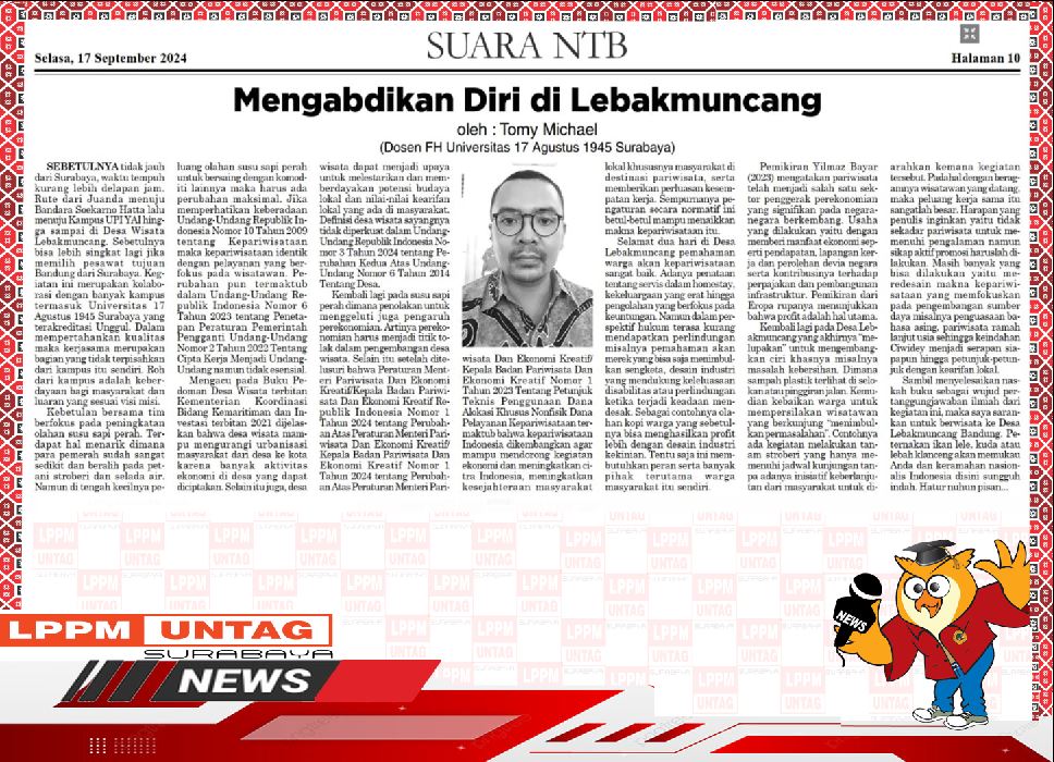 Opini Mengabdikan Diri Di Lebakmuncang karya Kepala Pusat Publikasi Dan HKI LPPM UNTAG Surabaya dimuat dalam Koran Suara NTB