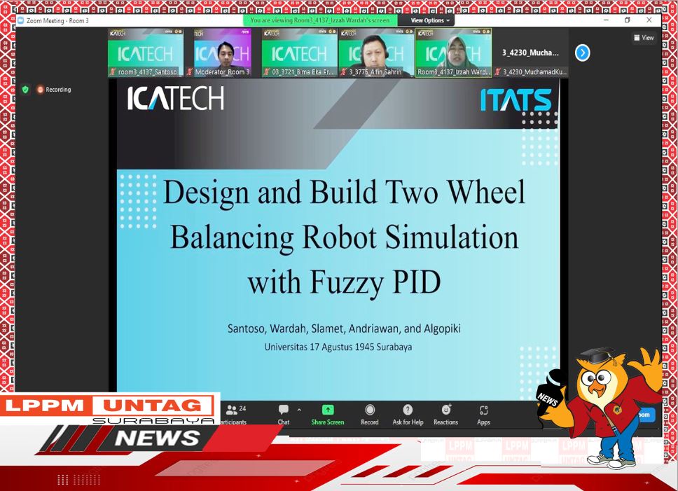 penelitian berjudul Design and Build Two Wheel Balancing Robot Simulation with Fuzzy PID melakukan paparan dalam (The 4Th ICATECH 2023)