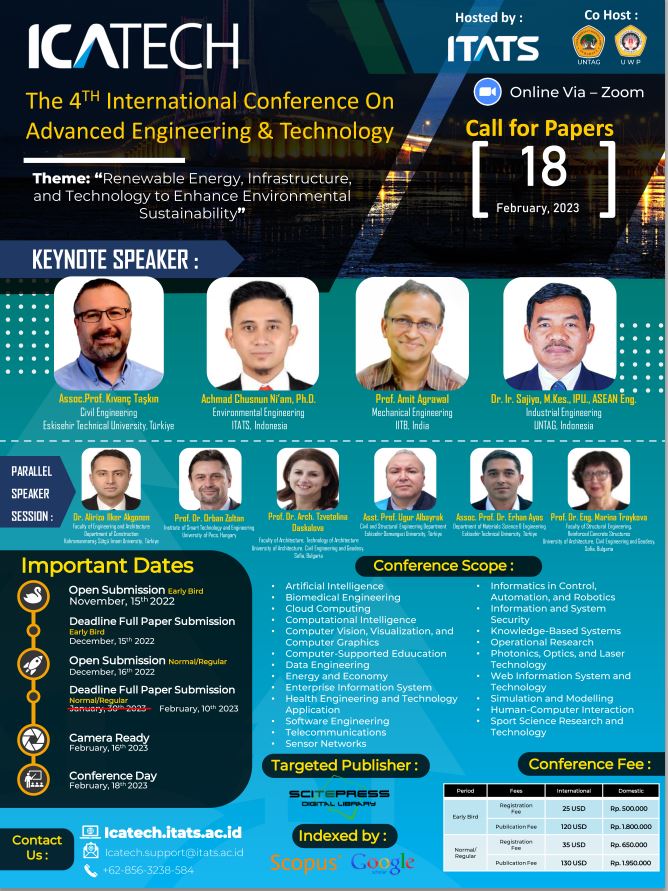 Institut Teknologi Adhi Tama Surabaya (ITATS) is holding its 4th International Conference on Advanced Engineering and Technology (4th ICATECH) 2023