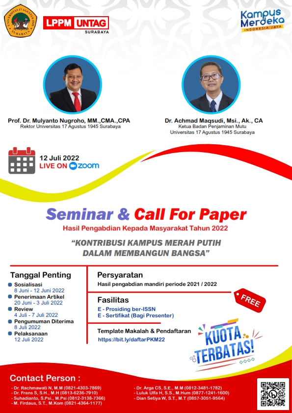 Seminar & Call For Paper Hasil Pengabdian Kepada Masyarakat Tahun 2022 KONTRIBUSI KAMPUS MERAH PUTIH DALAM MEMBANGUN BANGSA
