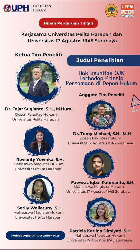 Kepala Pusat Publikasi Dan Kekayaan Intelektual LPPM Untag Surabaya mendapatkan Hibah Penelitian Bersama FH UPH Karawaci