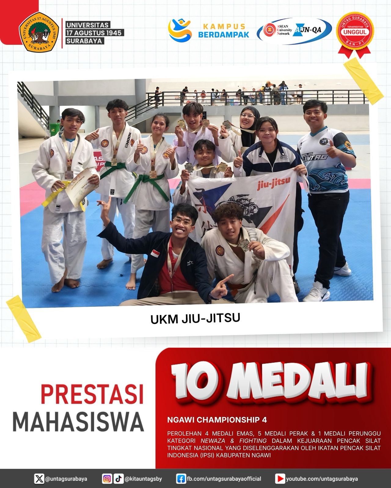 Selamat dan sukses atas prestasi gemilang yang diraih mahasiswa UKM Jiu-Jitsu Untag Surabaya