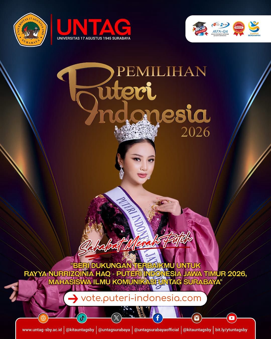 Beri dukungan terbaikmu untuk “Rayya Nurrizqinia Haq” – Puteri Indonesia Jawa Timur 2026, Mahasiswa Ilmu Komunikasi Untag Surabaya