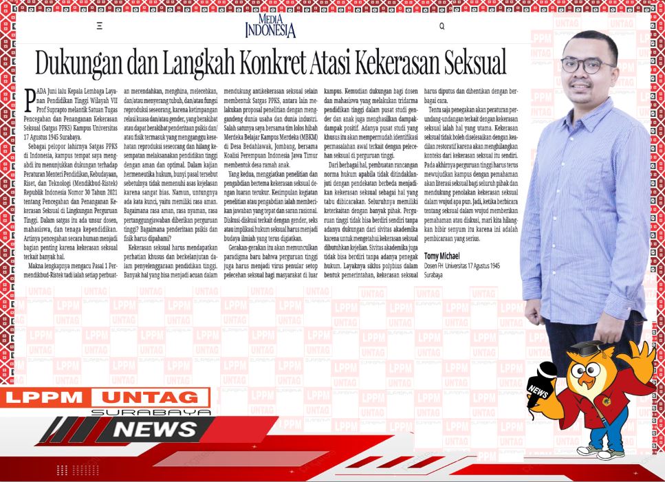 Opini Kepala Publikasi Dan Kekayaan Intelektual LPPM Universitas 17 Agustus 1945 Surabaya memberi Dukungan Dan Langkah Konkret Atasi Kekerasan Seksual