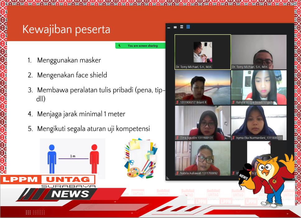 Kepala Pusat Publikasi Dan Kekayaan Intelektual LPPM dan Asesor LSP P1 Untag Surabaya memberikan materi pra asesmen secara daring.
